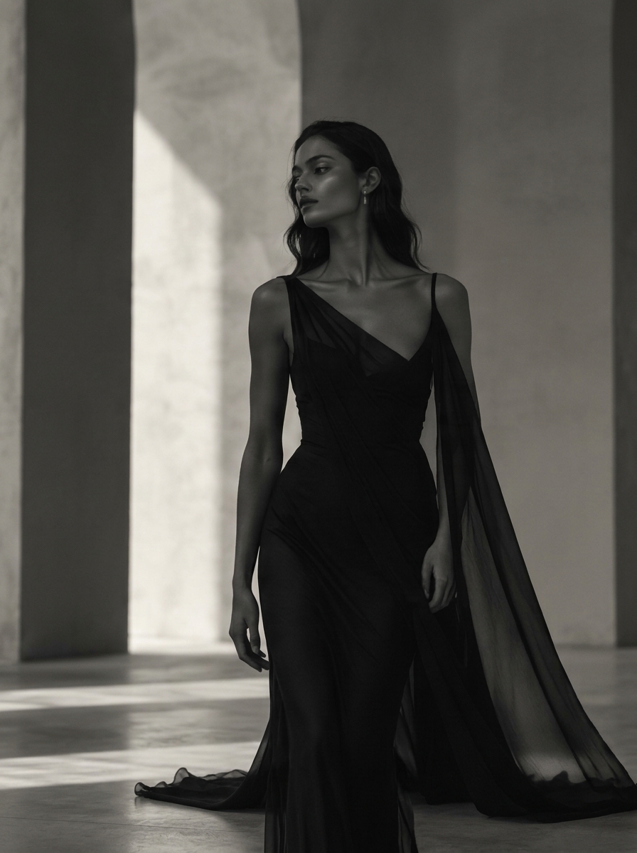 Woman wearing a long black gown in an architectural interior